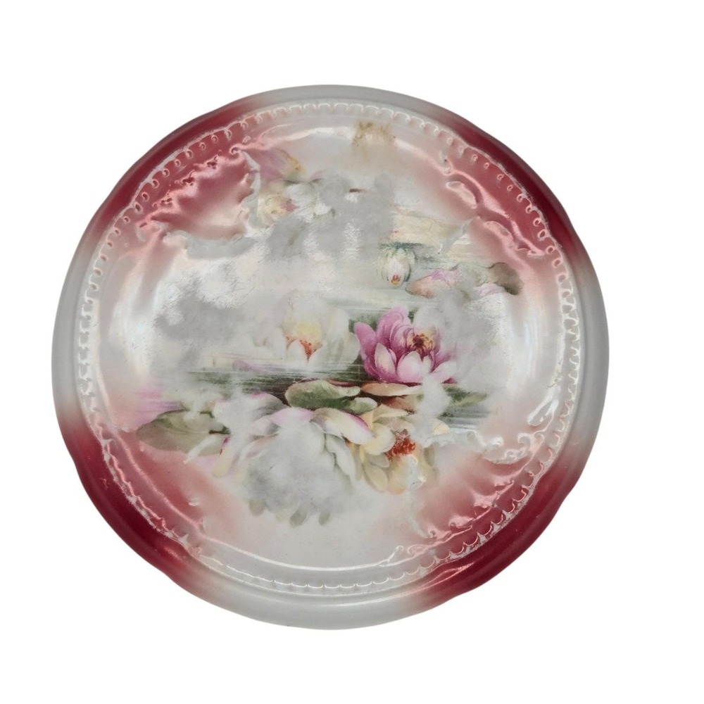 Antique Porcelain Trivet Bavaria, Water Lily Design Burgundy Grandmacore